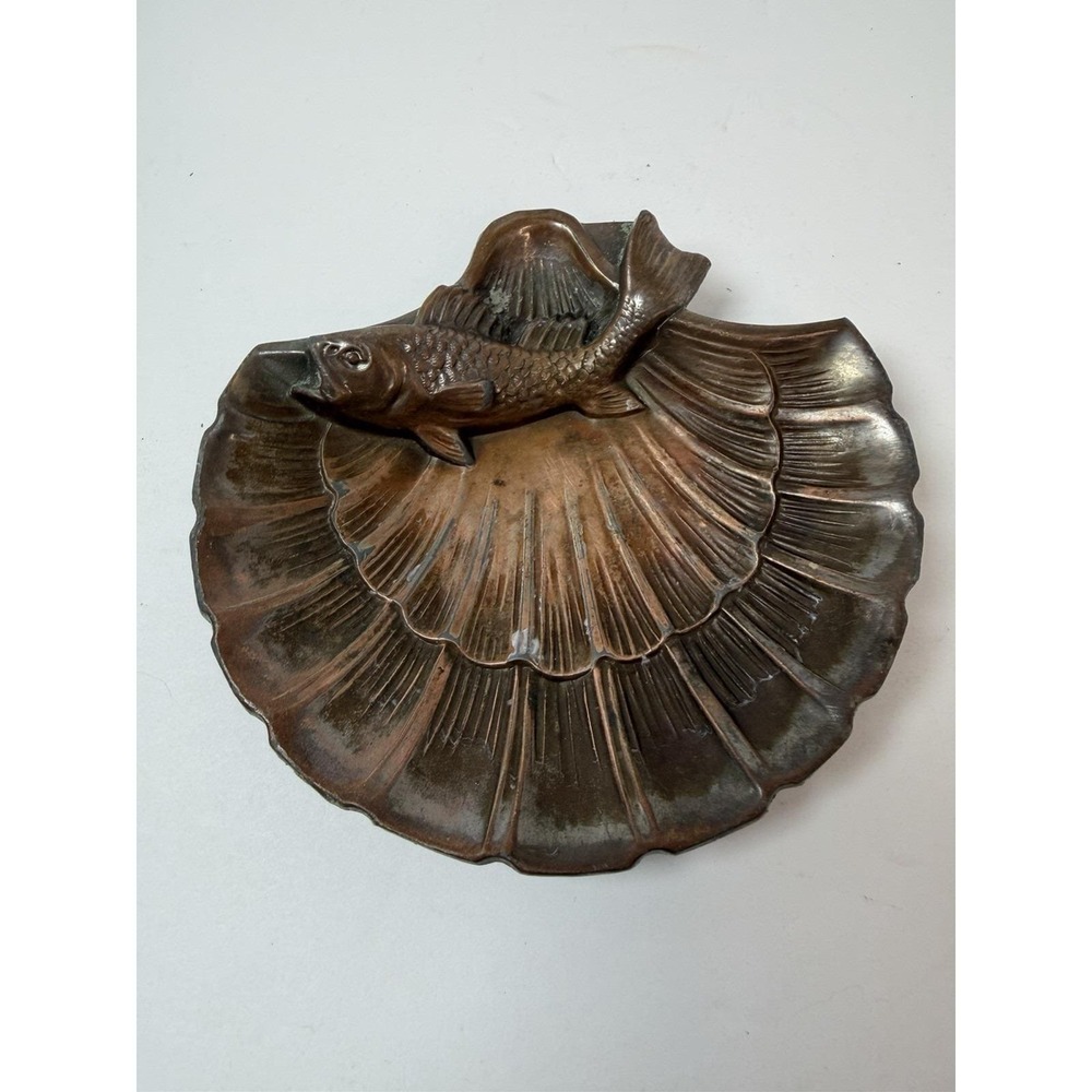 PMC Scallop Shell Fish Cast Metal Trinket Dish Ashtray Vintage Nautical Decor